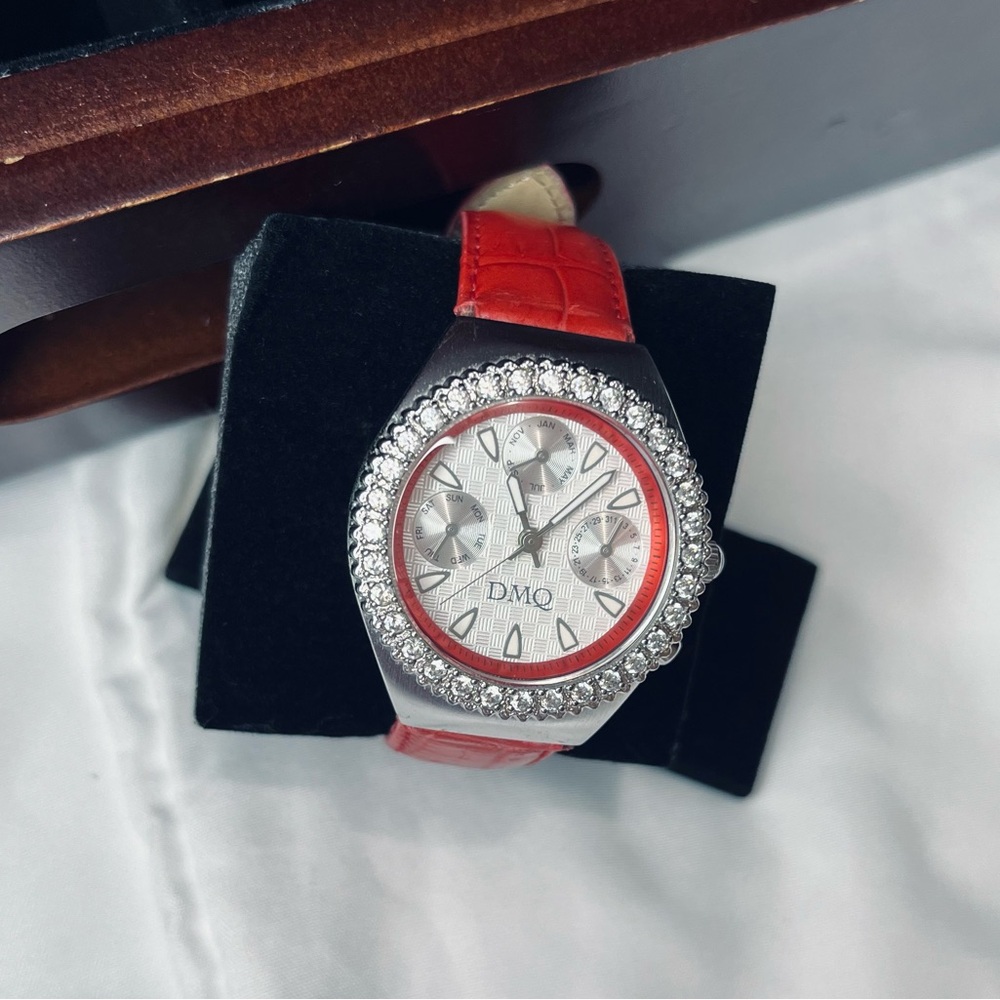 DMQ Diamonique CZ’s Bezel Watch With Red Alligator-Embossed Leather Band